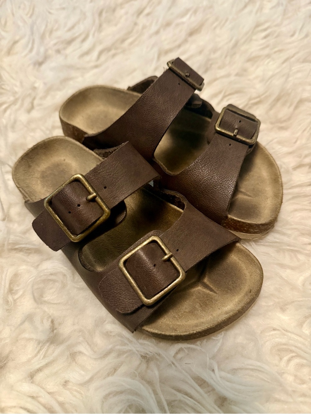 Kids Brown Double-Buckle Slide Sandals